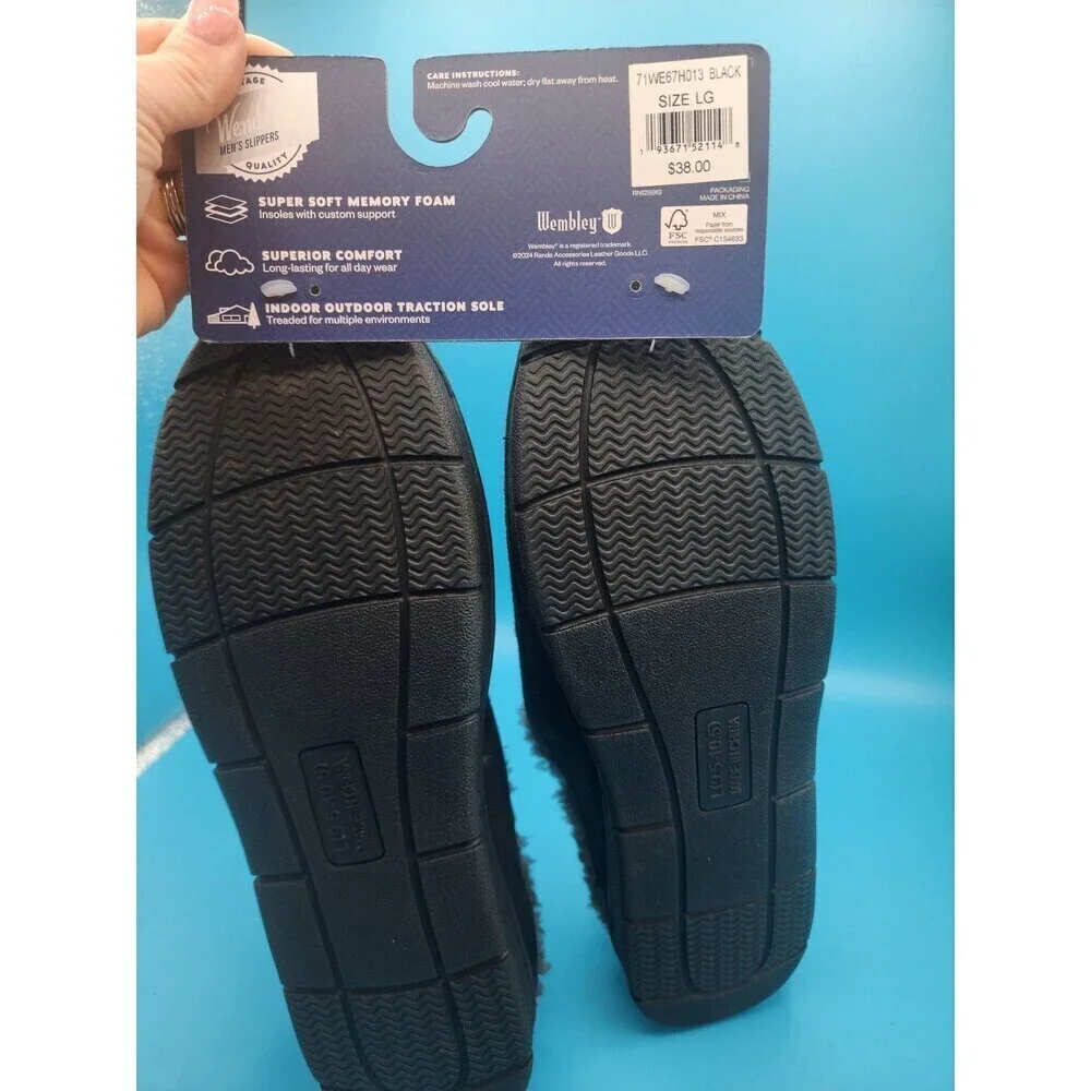 NEW Wembley Mens Black & Gray Fleece Lined Suede Slippers Size L 9.5-10.5 - Picture 3 of 4